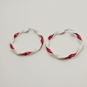 Chic Twisted Silver and Red Hoop Earrings